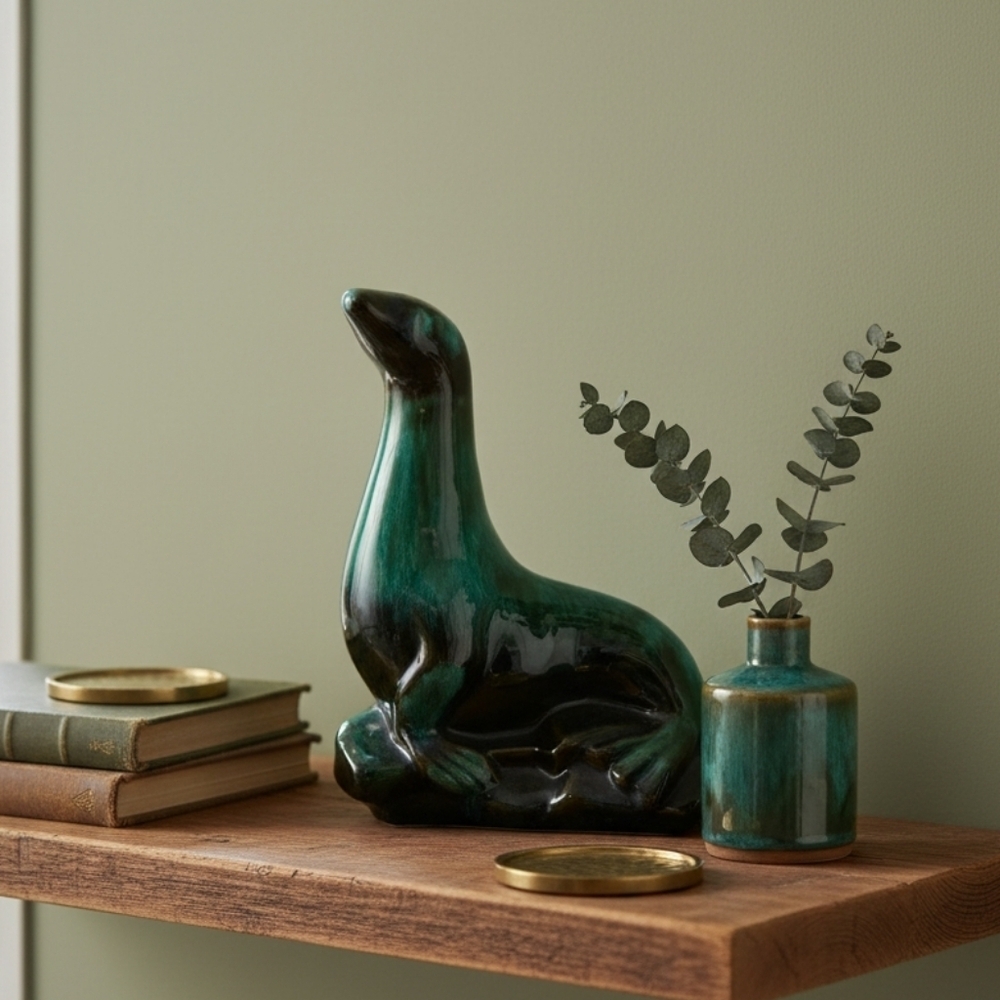 Blue Mountain Pottery Emerald Green Glaze Ceramic Seal Figurine Coastal Decor